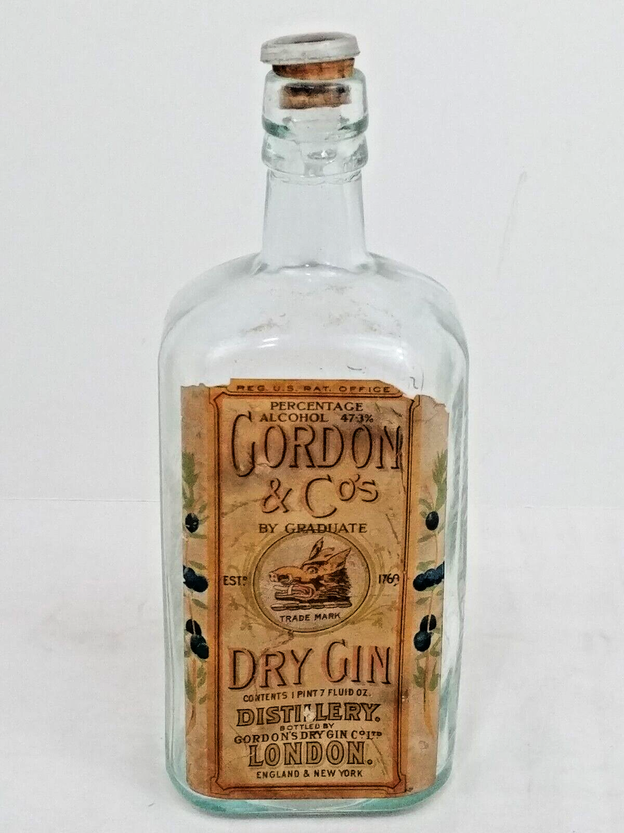 Gordon's Dry Gin Liquor Bottle w/ Glass Cork London England Gordon's Dry Gin Liquor Bottle w/ Glass Cork London England