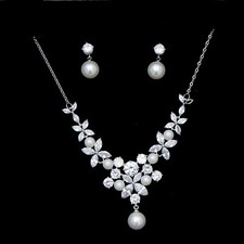 Wedding Bridal Zirconia Platinum Plated Simulated Diamond Necklace Earrings Set