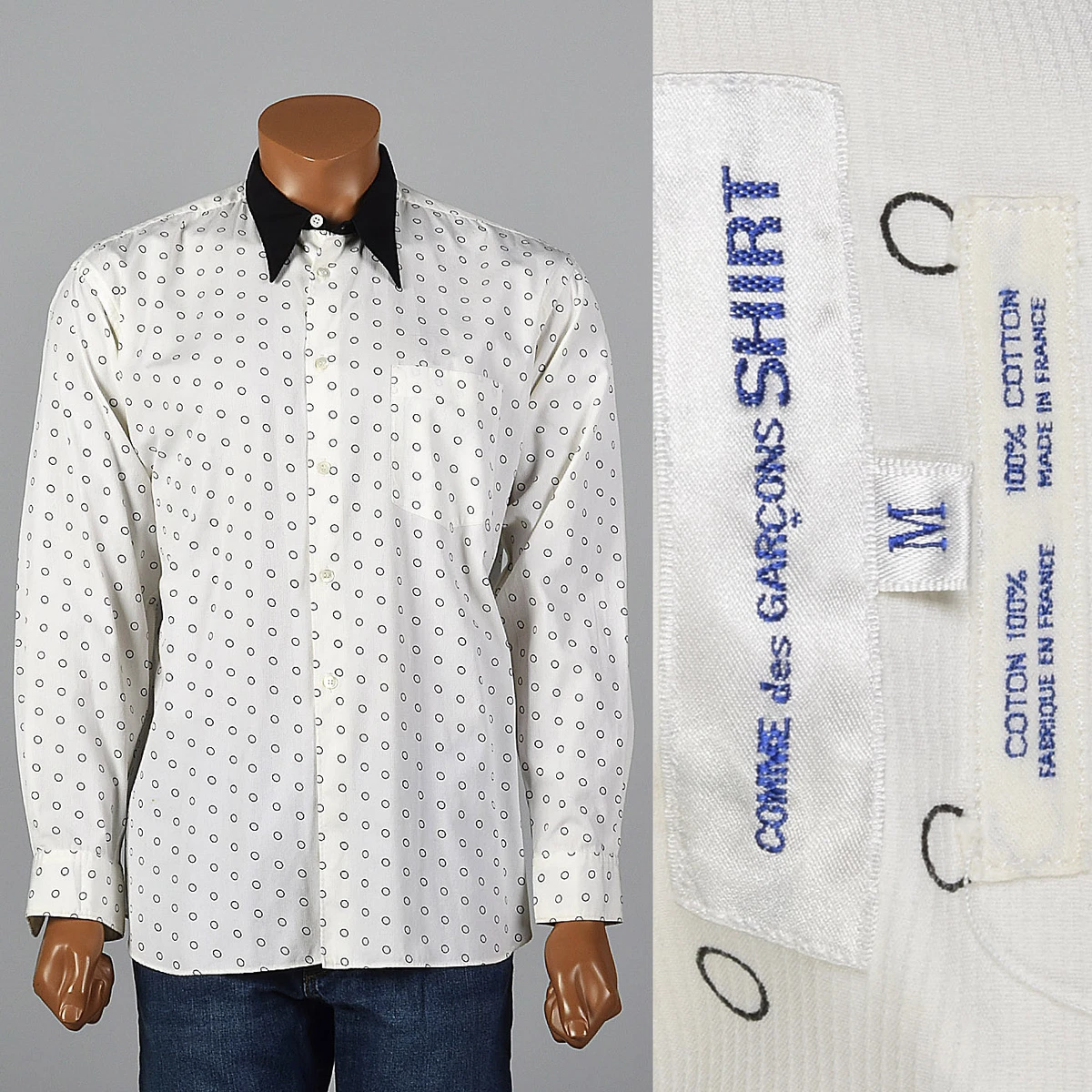 XL Mens Circle Print Shirt Comme des Garcons Long Sleeve Black White Wing Collar