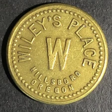 Wiley's Place - Hillsboro Oregon G/F 5c Brass Trade Token "W"  21mm