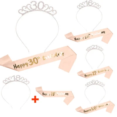 Birthday Sash Rhinestones Crown Tiara Headband Set 40/50/60th Party Accessories