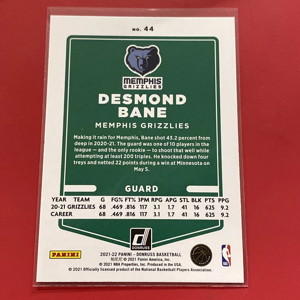 2021-22 Donruss Desmond Bane Yellow Parallel #44 GRIZZLIES - Image 2 of 2