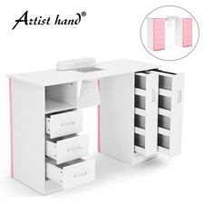 Pro Manicure Table Nail Desk Beauty Salon w/ Drawers, Dust Collector White Pink