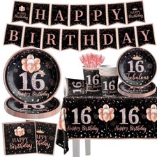 142Pcs 16th Birthday Tableware Decorations for Girls Rose Gold Happy 16 Birth...