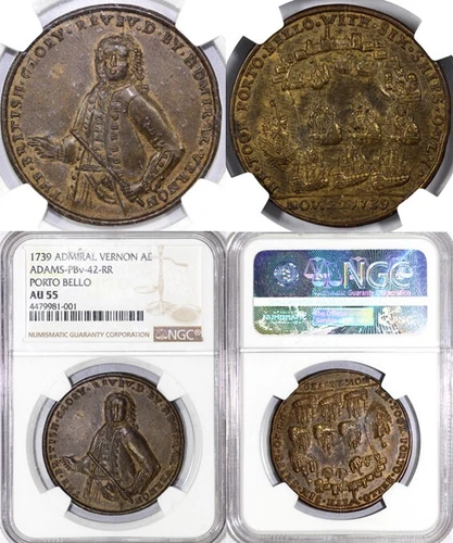 1739 Admiral Vernon Porto Bello Colonial Copper NGC AU 55