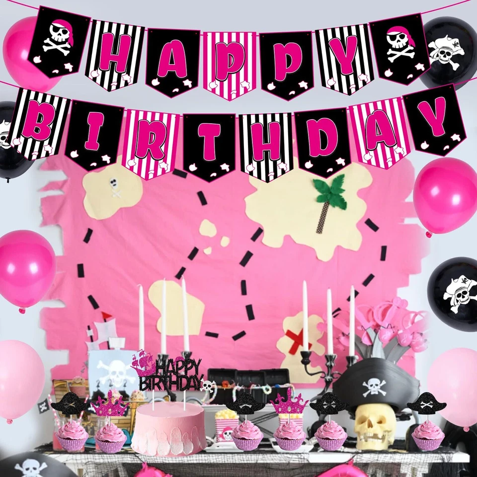 51 Piezas Decoraciones de Fiesta de Cumpleaños Pirata para Niña Rosa Caliente y Negro Pirata Ha... Foto 4 de 4