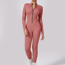 Women's Long Sleeve Ribbed Zip Up Seamless Stretch Jumpsuit Yoga Sports Bodysuit