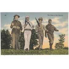Linen Postcard Arms of Service Branches Army Navy Airforce Mar military Unused