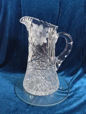 9" American Brilliant Cut Crystal Pitcher With Etched Floral Pattern Heavy Thick