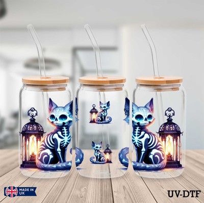 Aquarell Skelett Katze UV DTF Aufkleber - 16oz Libbey Dose Glasfolie zp785
