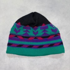 Vintage Igloos 100 Wool Knit Beanie Hat Teal Purple Aztec Geometric Made in USA
