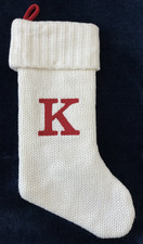 Wondershop white lined knit Christmas Stocking red letter K monogram initial 18"