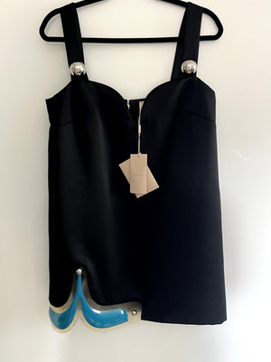 CHRISTOPHER KANE black rubber satin dress metallic silver details UK12 BNWT