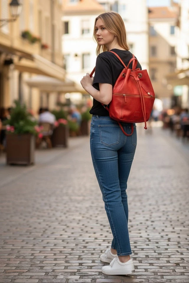 Mochila boho de cuero roja The Sak para mujer con correas ajustables bolsillos Foto 2 de 4