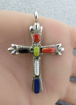 VTG Signed G & L Leekity Native American Sterling Silver Multi-Stone Cross Zuni