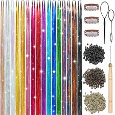 Hair Tinsel Kit, 16 Colors 7200 Strands Glitter Tinsel Hair Extensions Heat Resi