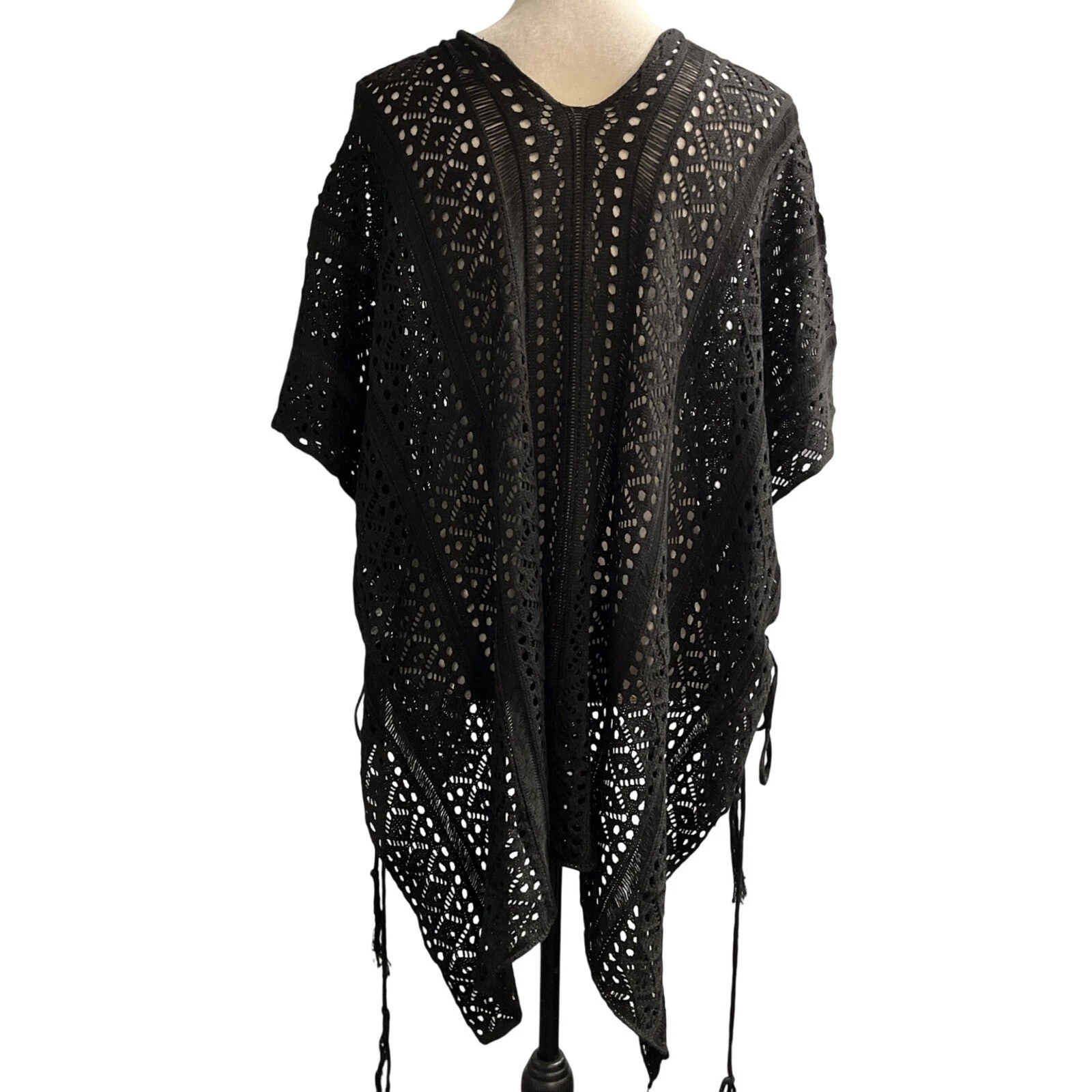 Black Open Knit Poncho Asymmetrical Tie Sides Dark Cottagecore Boho One Size