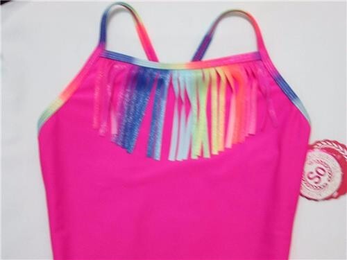 NWT SO Girls One Piece Swimsuit Pint with Multi Color Fringe Accent Size 4 - Picture 2 of 5