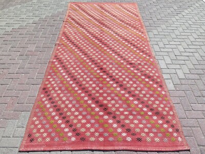 Diagonal Stripes Red Vintage Turkish Kelim Carpet, Handmade Wool Rug 61''x136''