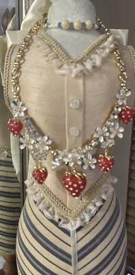 BETSEY JOHNSON Red Strawberry White Lilly Flower Rhinestone Necklace Gold Tone - Image 1 of 4