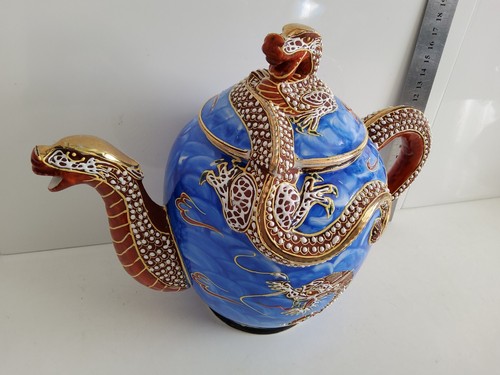 Japanese Blue Moriage Handpainted Dragonware Kutani Teapot Tea Pot 19cm High - Bild 3 von 10