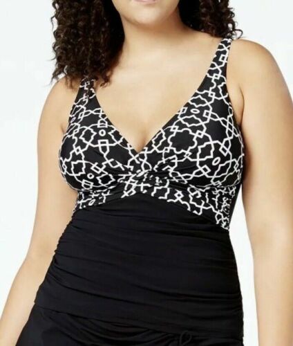 Profile by Gottex 24W Casablanca Black & White Print Tankini Swimsuit TOP NWT