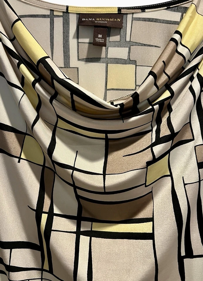 Top Capucha Dana Buchman Talla Grande 3X Amarillo Tostado Blanco Manga 3/4 Geométrica Carrera Foto 3 de 4