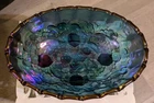 Vtg Indiana Carnival Glass Bowl Footed Blue Iridescent Harvest Grape 12" Oval