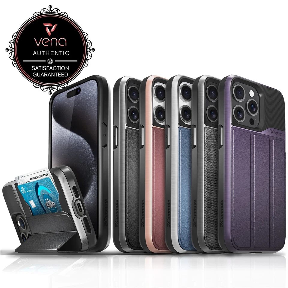 Funda de cuero tipo billetera para tarjetas Vena [vCommute] para iPhone 15/15 Plus/15 Pro/15 Pro Max
