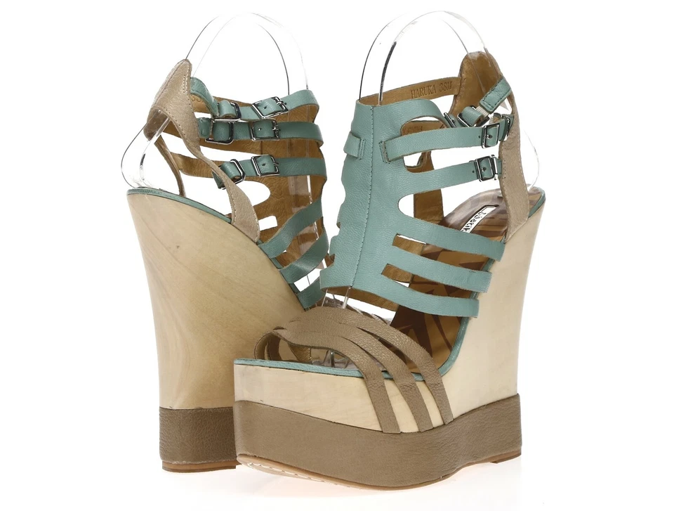 Sandalias de tacón MATIKO para mujer color topo cuero menta hebilla cuña correa al tobillo talla 38 Foto 2 de 4