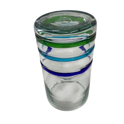 Mexican Hand Blown 2 Tumblers Highball Blue Green Teal Stripes 20 oz Bubbled - Picture 9 of 11
