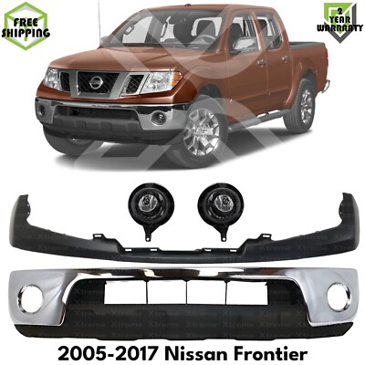 Front Bumper Chrome Steel & Fog Lights Kit For 2005-2017 Nissan Frontier