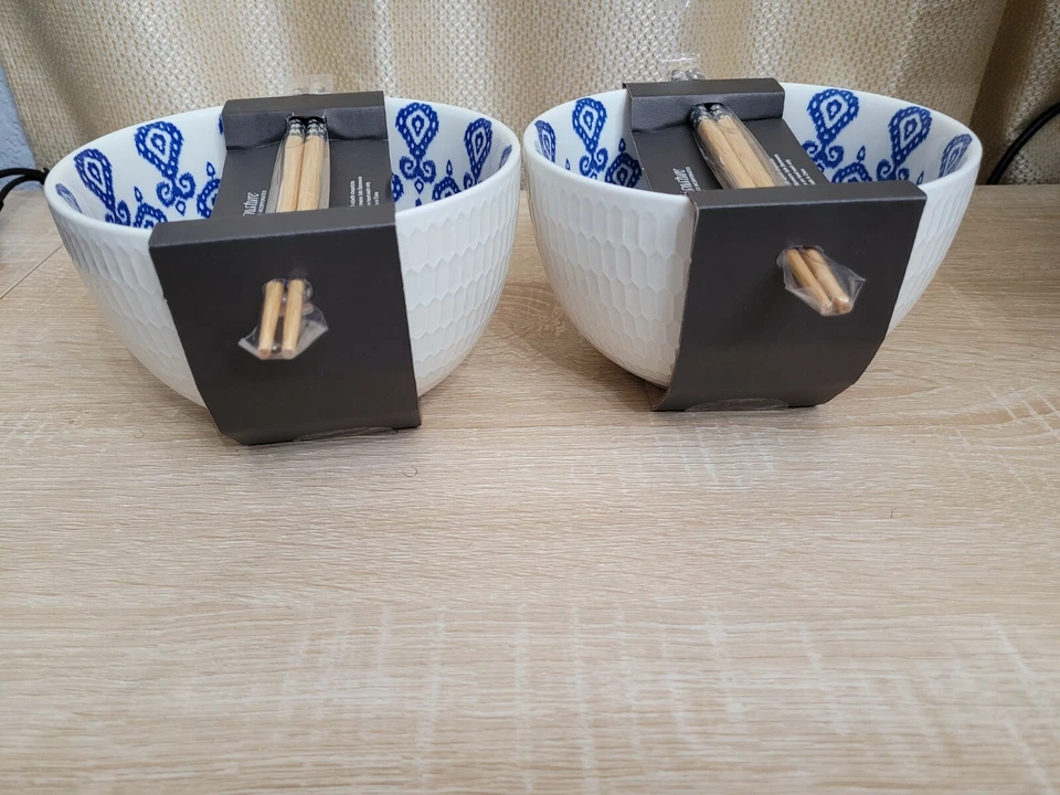 Set of 2 Blue & White Signature Housewares Incorporated Noodle Bowls + Chopstick - Image 3 of 4