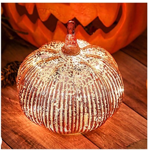 Rose Gold Thanksgiving Decorative Light Up Pumpkin Mercury Glass W/Timer Option - 第 2/4 張圖片