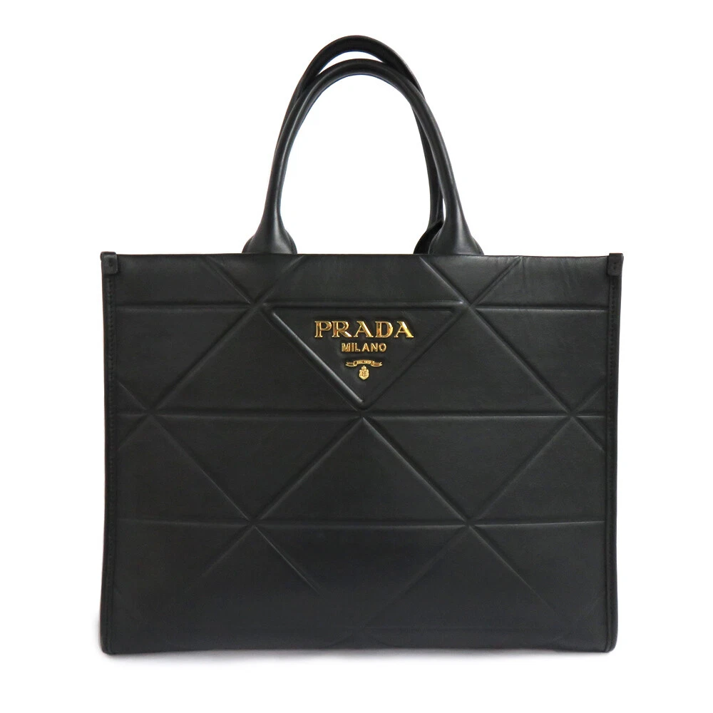 Prada Symbol Topstitch Leather Medium Bag 1Ba378 Handbag Black Gdmetal  Fittings