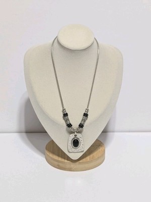 Silver Tone Chain, Rectangular & Cabachon Black Acrylic Pendant. Southwestern 