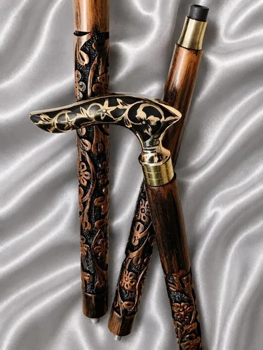 Wooden Walking Stick Brass Handle 3 Fold Folding Cane Antique Style Handmade
