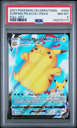 2021 POKEMON CELEBRATIONS #009 FULL ART/SURFING PIKACHU VMAX PSA 8