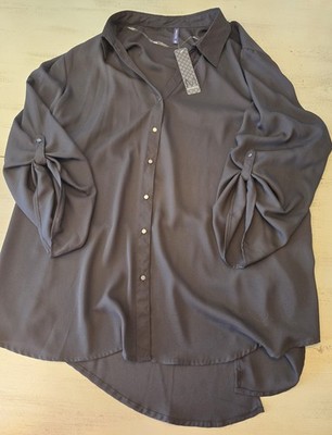 Massini Women's NWT ButtonUp 3X Blouse Black Vneck, 3/4 Slv SplitBack Hem 