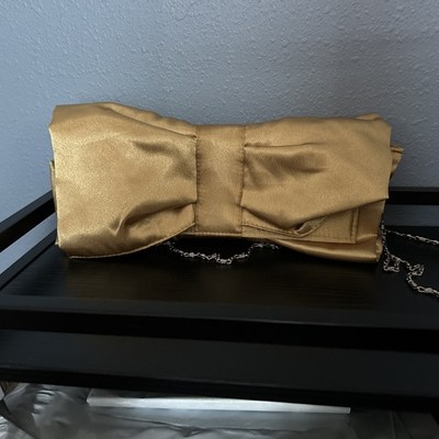 Bijoux Terner Gold Satin Evening Clutch Bag with Bow and Chain Strap