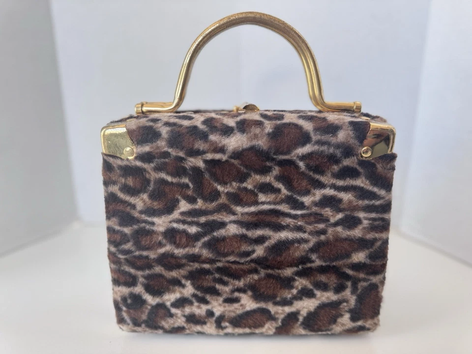 Vintage Leopard Animal Print Faux Fur Gold Accent Handles Box Purse - Image 2 of 4
