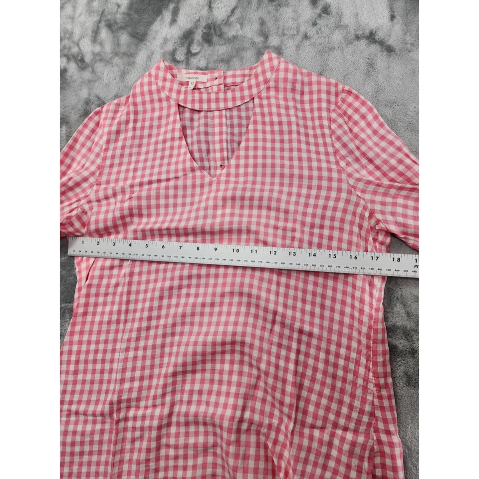 Top Maurices Gingham Recorte Cuello en V Manga Larga S Rosa Blanco Botón Espalda Algodón Foto 3 de 4
