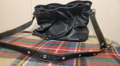 Harley Davidson Vintage Black Crossbody Pebbled Leather Bucket Bag Draw String - Picture 8 of 12