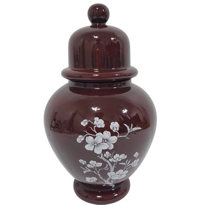 Vintage 1979 Ceramic Ginger Jar Brown White Floral Cherry Blossom 9.5''