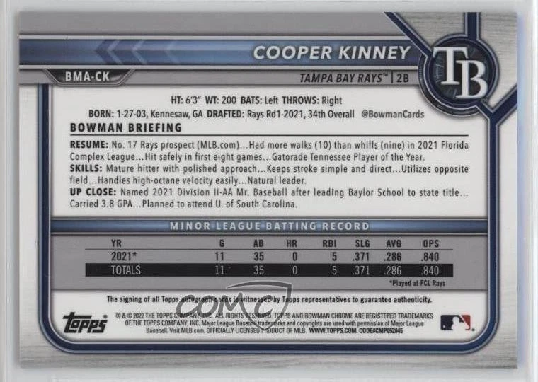 2022 Bowman Mega Box Chrome Mojo Blue Refractor /150 Cooper Kinney #BMA-CK Auto - Image 2 of 2