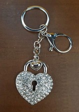Heart Rhinestone Keychain Bag Purse Charm Bling Keyring Silver Tone New