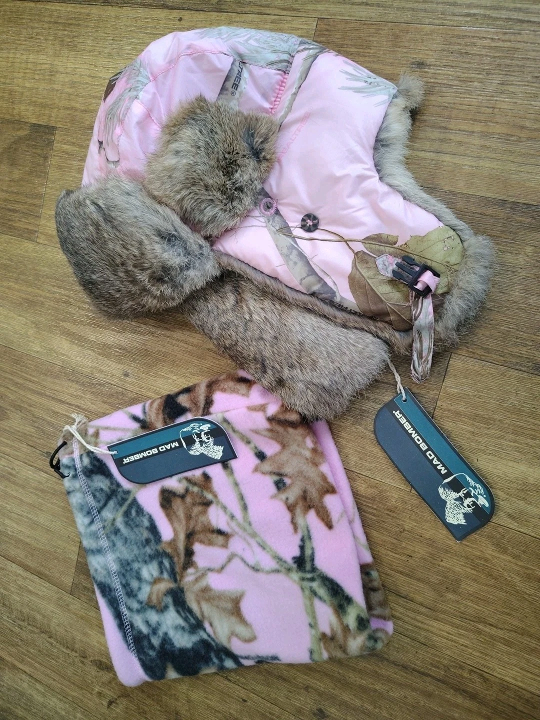 Mad Bomber Pink Camo Rabbit Fur Lined Trapper Hat Sz L Ear Flap With Neck Warmer
