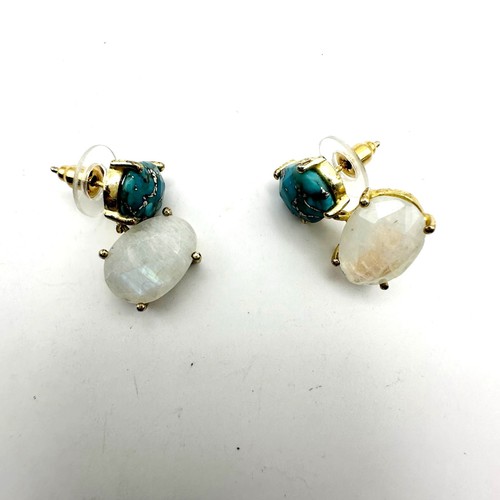 Made in India Stud Dangle Earring Blue white Faux Turquoise Opal Goldtone  - Picture 3 of 10