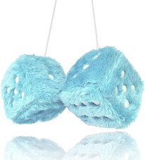 Fuzzy Plush Dice for Car Mirror, Pair of Retro 3  Light Blue Dice with White Dot