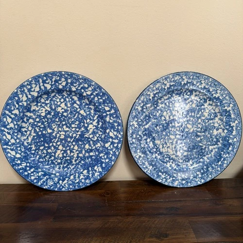 2 Stangl Blue Town and Country Spongeware Dinner Plates 10.75 "